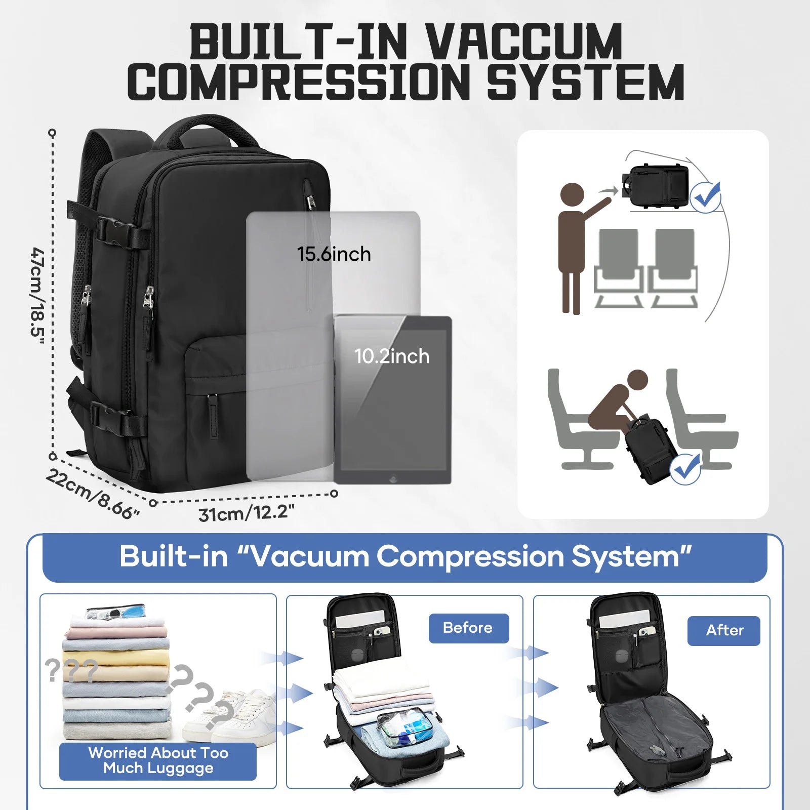 Easyjet Cabin Bag 45x36x20 Vacuum Travel Backpack, Hand Luggage Business Laptop Women Men Backpack Work Bag, Vacuum Storage Bags